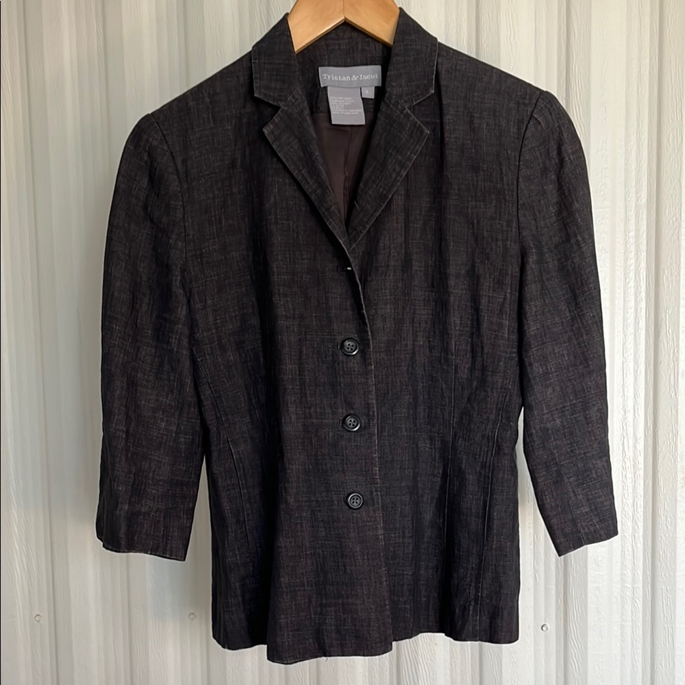 TRISTAN & ISEUT‎ Black Washed Linen Lined Blazer Three Quarter Sleeve Womens 6